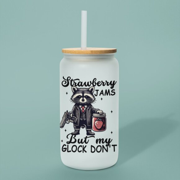Strawberry Jams, But My Glock Don't Western, Funny Raccoon Cup, Glass Tumbler - Picture 5 of 6